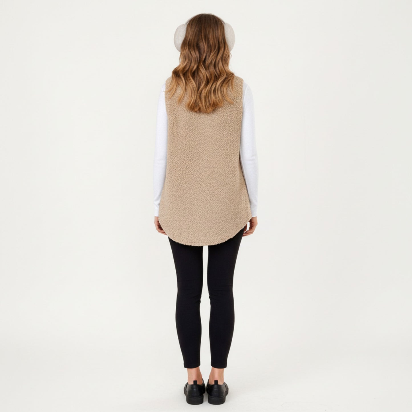 Faux Shearling Button Front Vest with Collared Neckline, Chest Flap Pockets, and Longline Fit