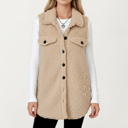 Faux Shearling Button Front Vest with Collared Neckline, Chest Flap Pockets, and Longline Fit
