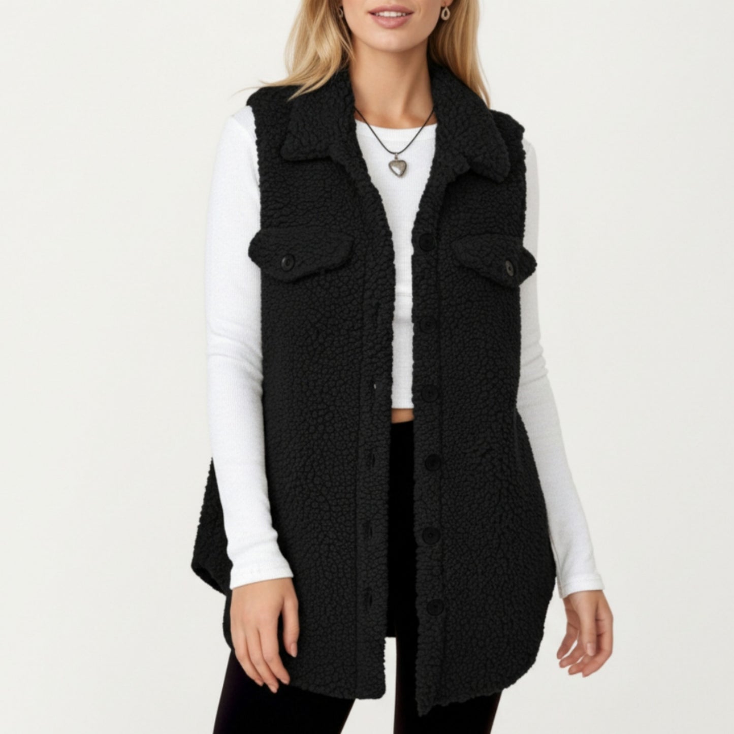 Faux Shearling Button Front Vest with Collared Neckline, Chest Flap Pockets, and Longline Fit