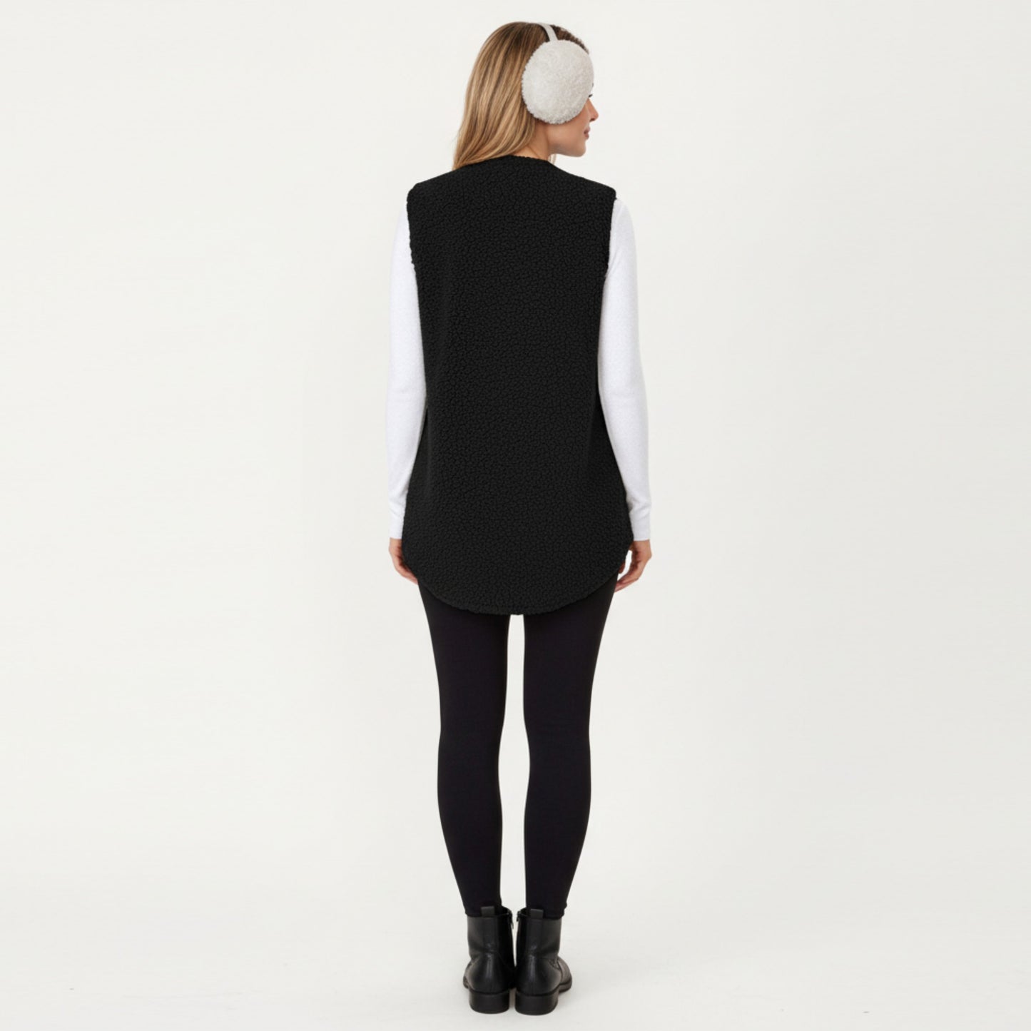 Faux Shearling Button Front Vest with Collared Neckline, Chest Flap Pockets, and Longline Fit