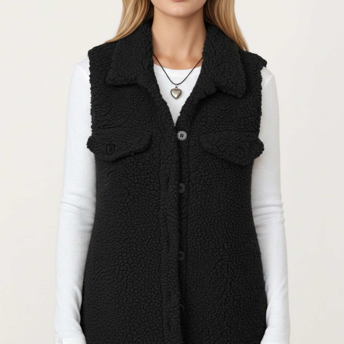 Faux Shearling Button Front Vest with Collared Neckline, Chest Flap Pockets, and Longline Fit