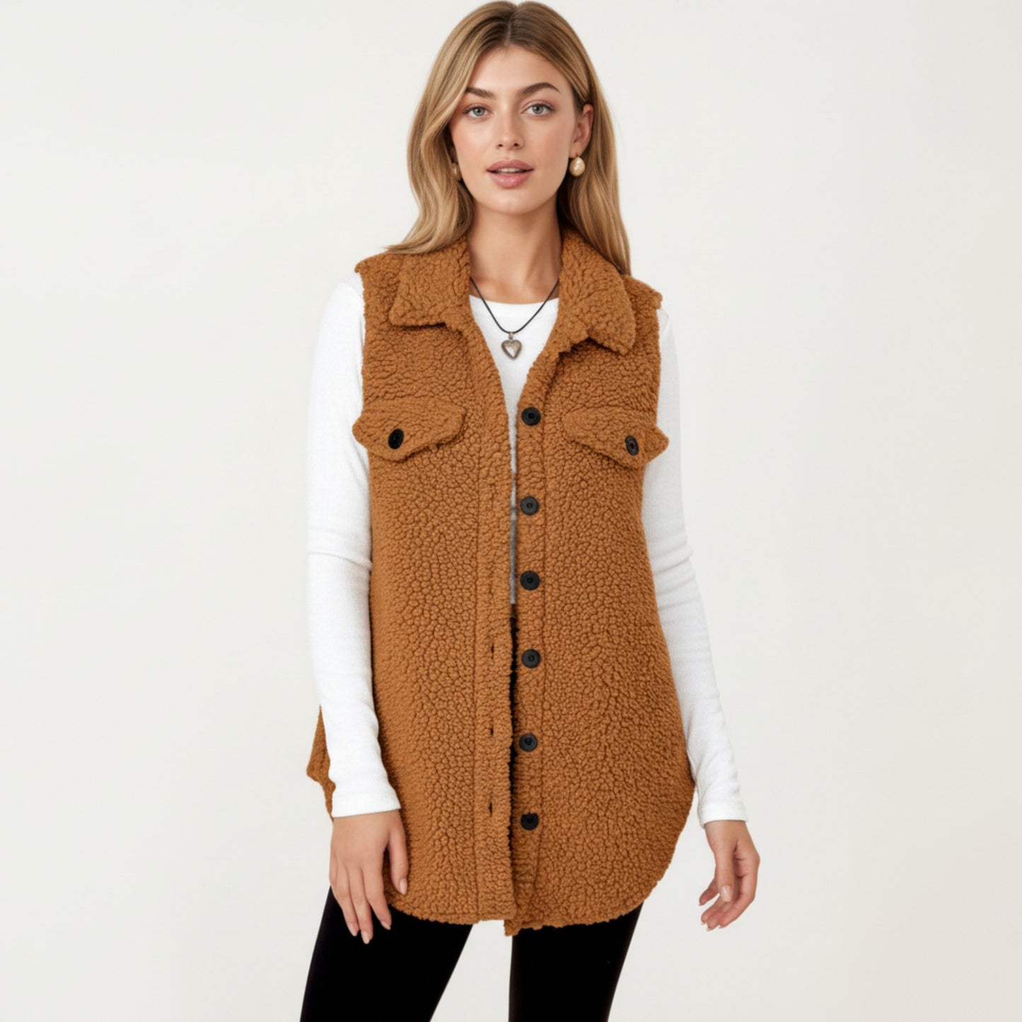 Faux Shearling Button Front Vest with Collared Neckline, Chest Flap Pockets, and Longline Fit