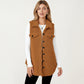 Faux Shearling Button Front Vest with Collared Neckline, Chest Flap Pockets, and Longline Fit