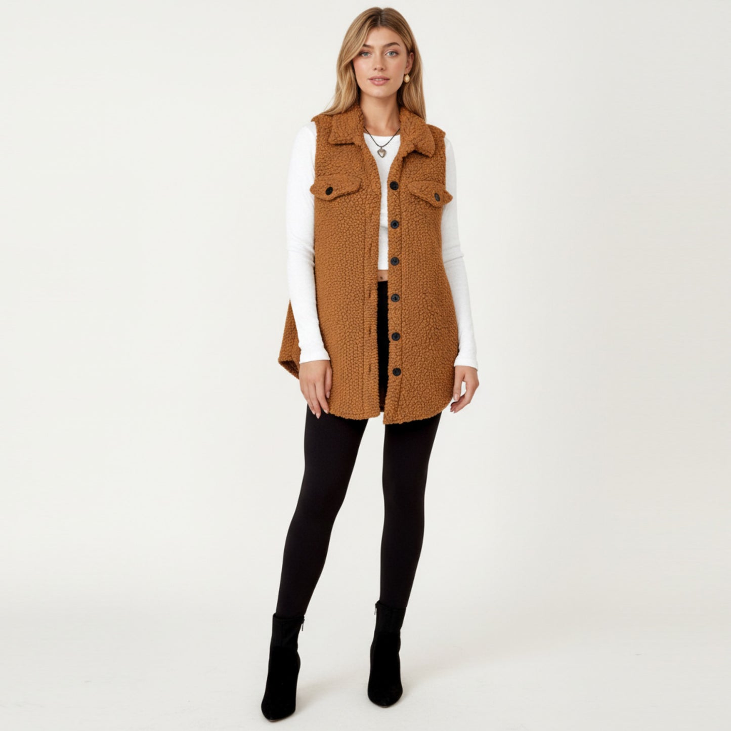 Faux Shearling Button Front Vest with Collared Neckline, Chest Flap Pockets, and Longline Fit