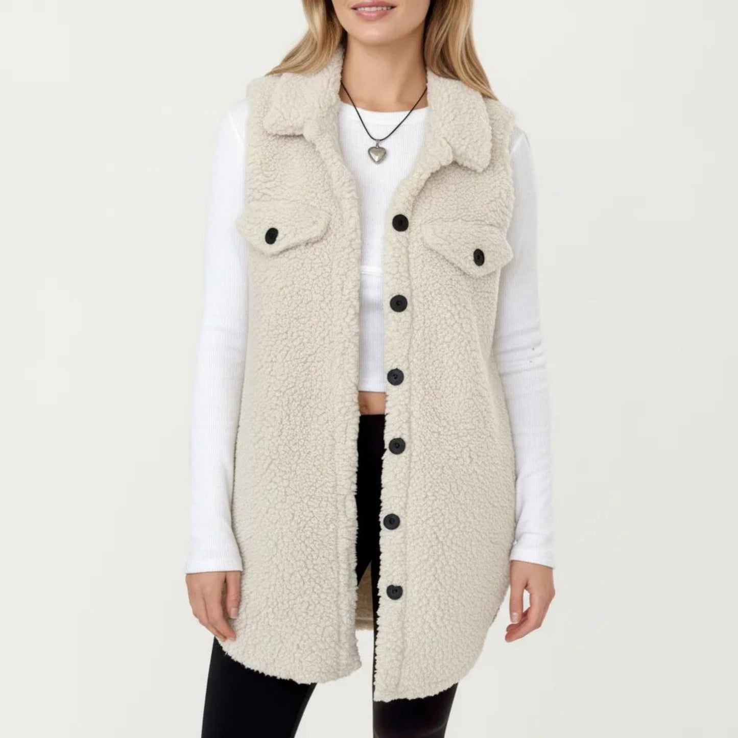 Faux Shearling Button Front Vest with Collared Neckline, Chest Flap Pockets, and Longline Fit