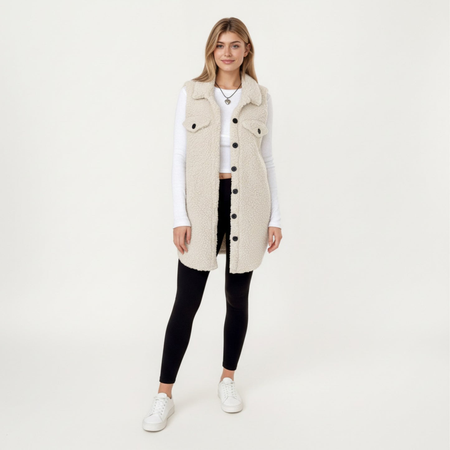 Faux Shearling Button Front Vest with Collared Neckline, Chest Flap Pockets, and Longline Fit