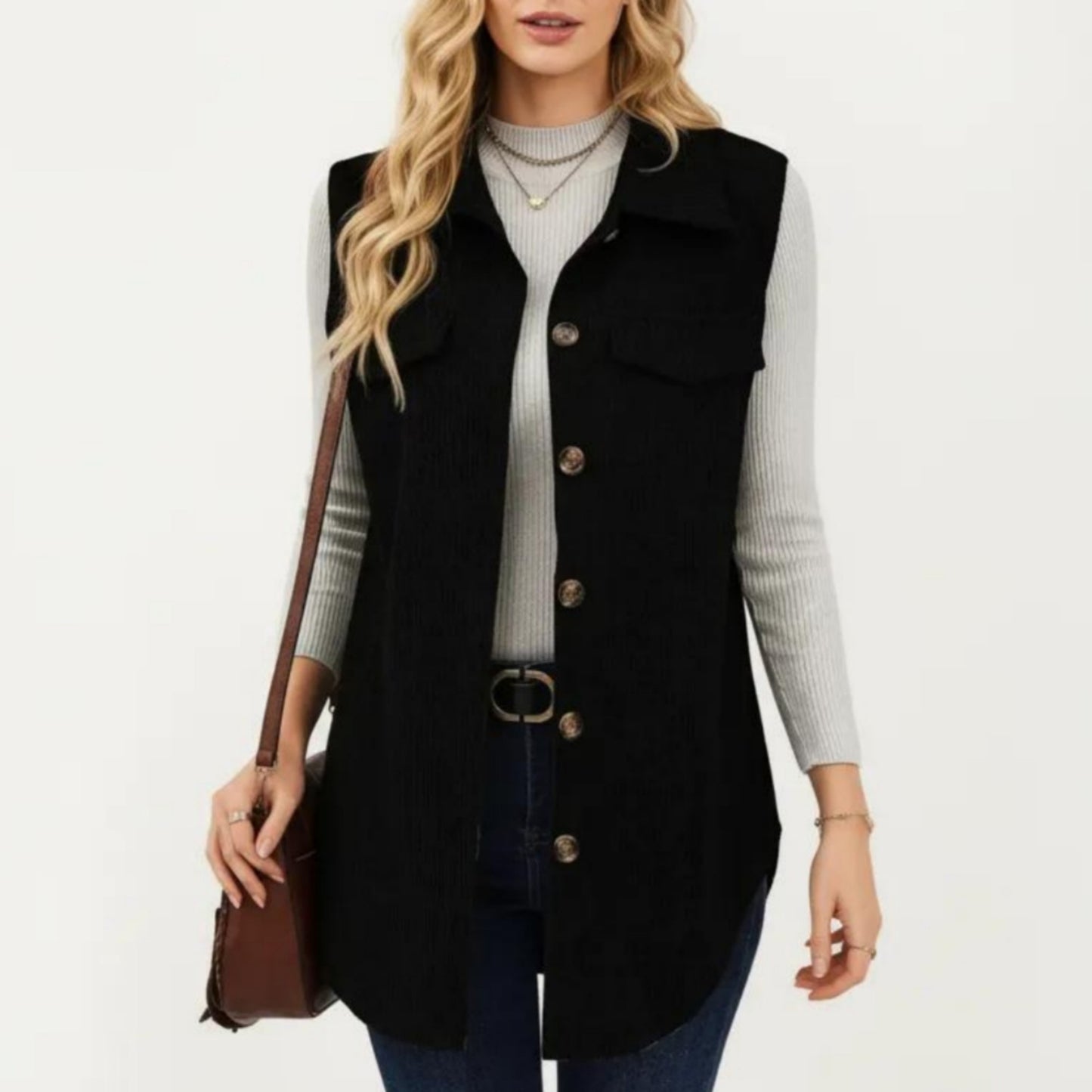 Textured Button Front Vest with Collared Neckline, Chest Flap Pockets, and Relaxed Longline Fit