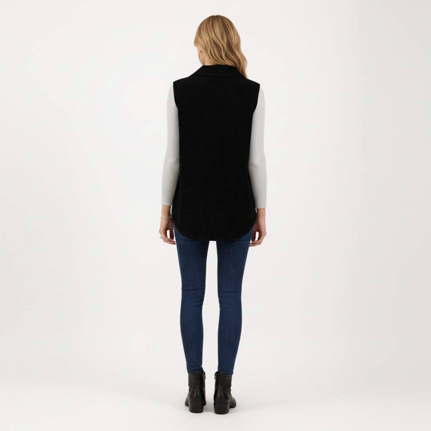 Textured Button Front Vest with Collared Neckline, Chest Flap Pockets, and Relaxed Longline Fit