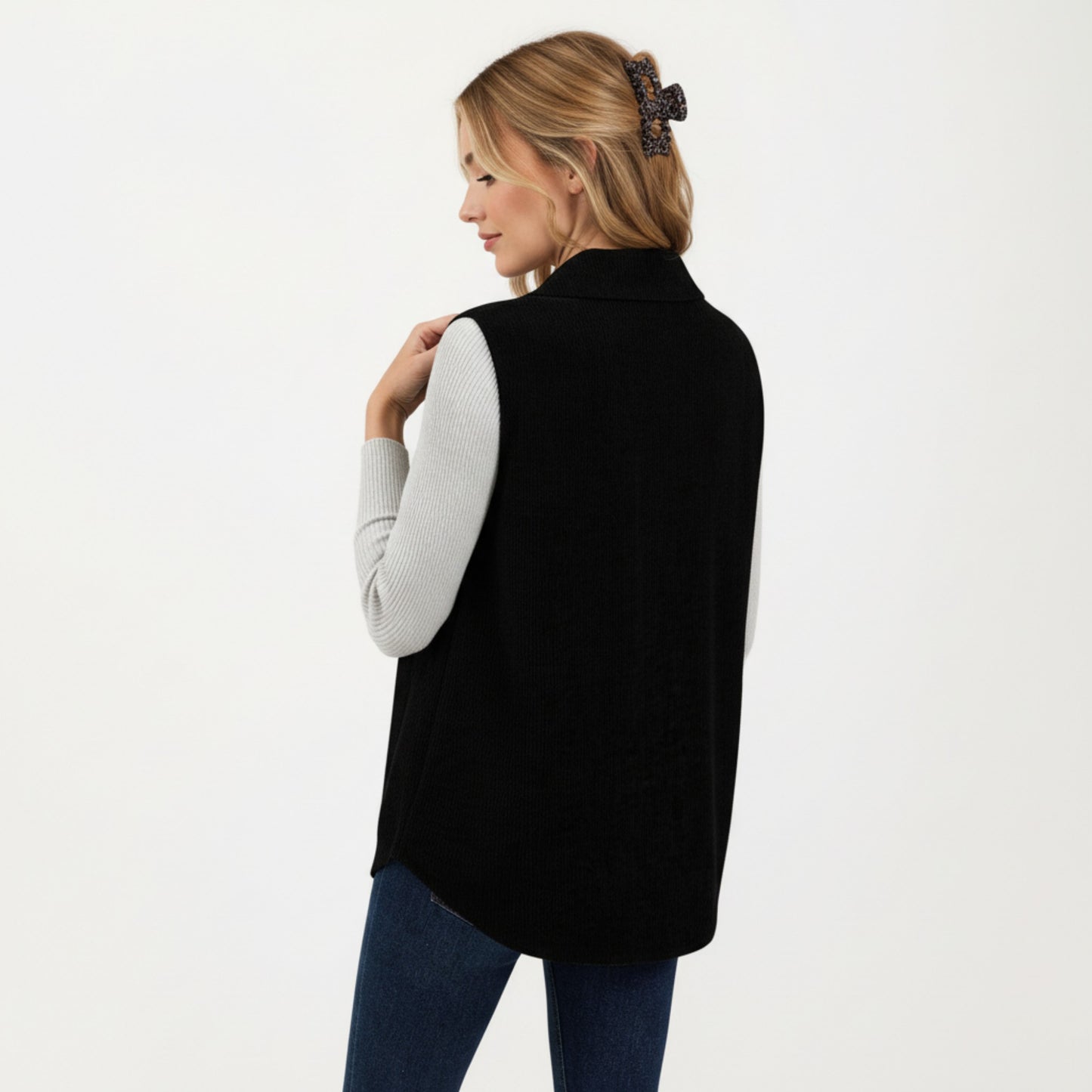 Textured Button Front Vest with Collared Neckline, Chest Flap Pockets, and Relaxed Longline Fit