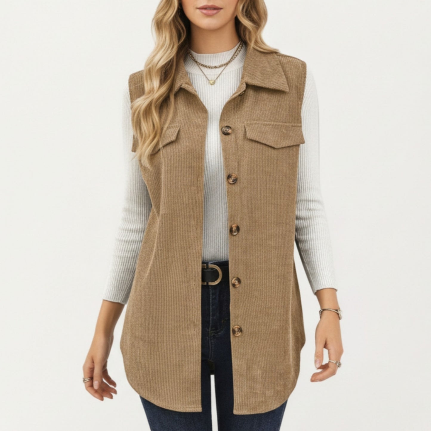 Textured Button Front Vest with Collared Neckline, Chest Flap Pockets, and Relaxed Longline Fit