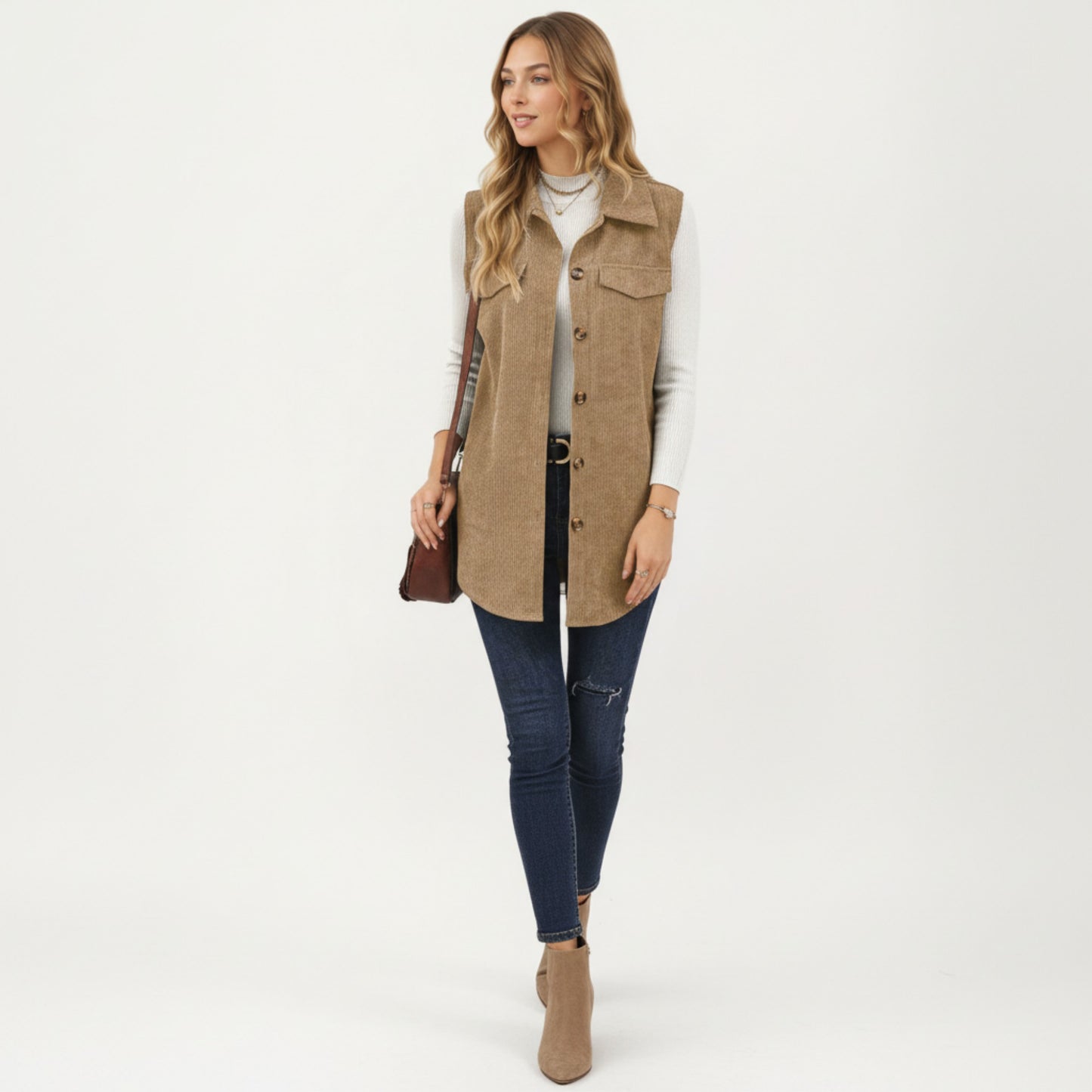 Textured Button Front Vest with Collared Neckline, Chest Flap Pockets, and Relaxed Longline Fit