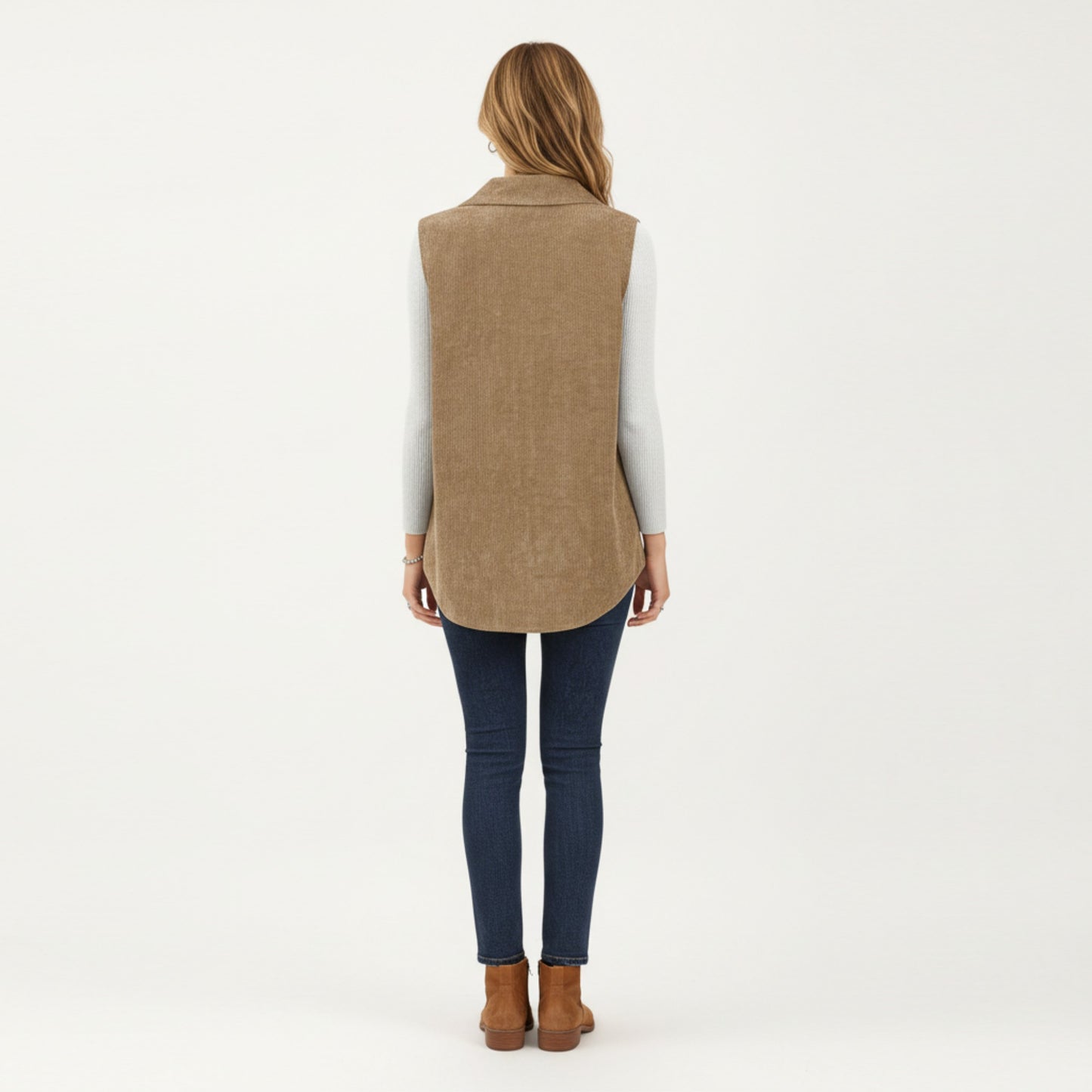Textured Button Front Vest with Collared Neckline, Chest Flap Pockets, and Relaxed Longline Fit