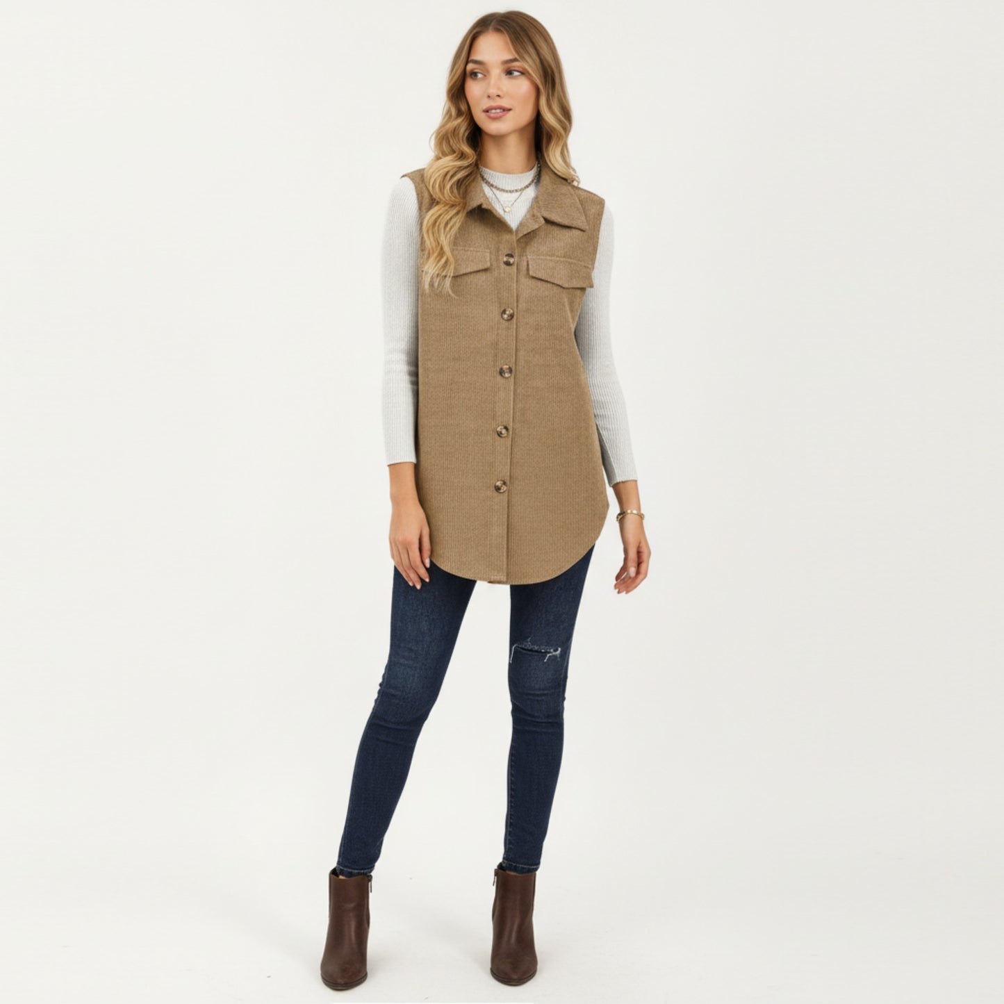 Textured Button Front Vest with Collared Neckline, Chest Flap Pockets, and Relaxed Longline Fit