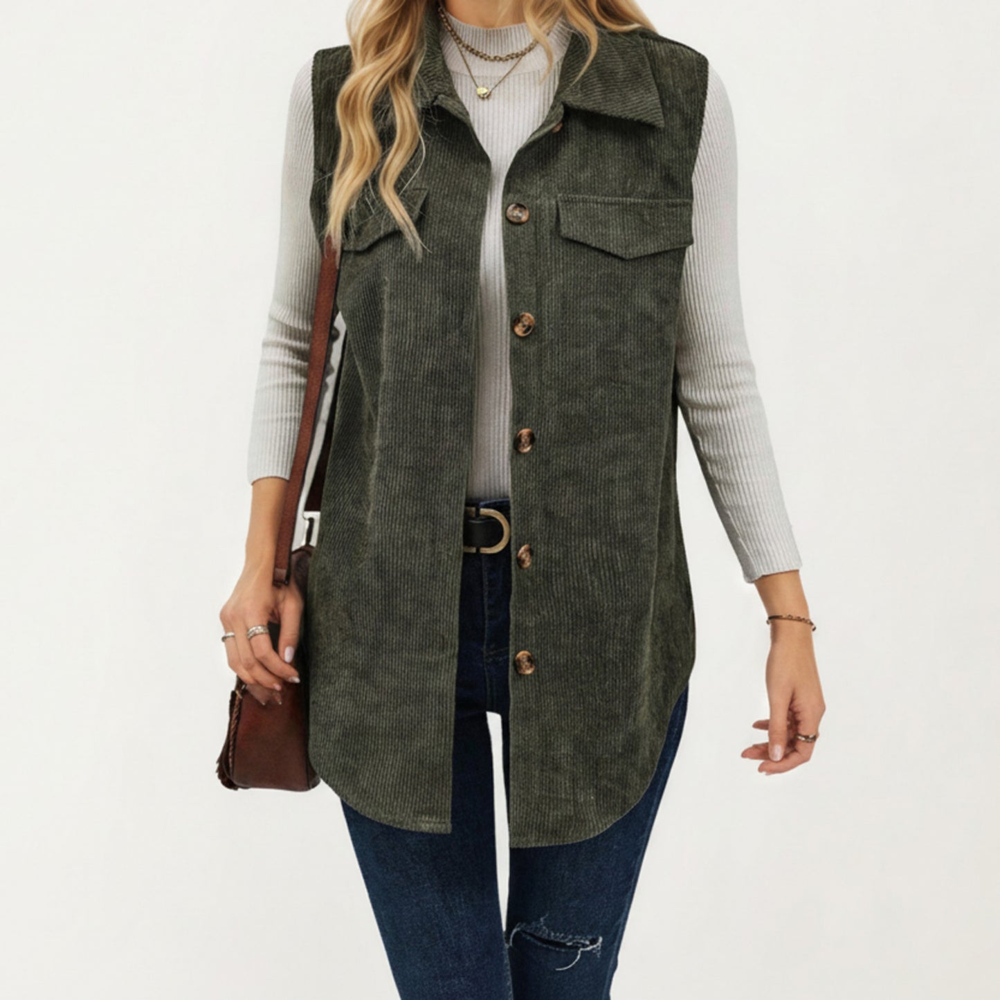 Textured Button Front Vest with Collared Neckline, Chest Flap Pockets, and Relaxed Longline Fit