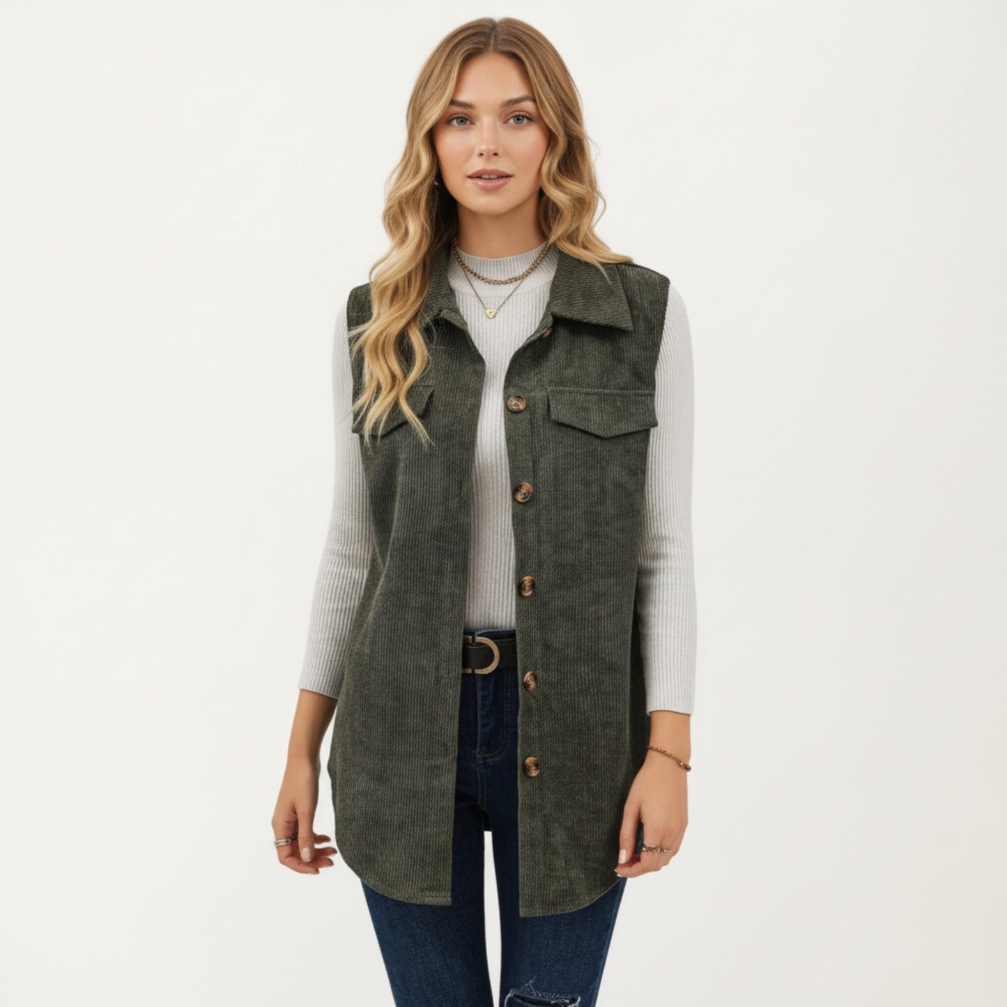 Textured Button Front Vest with Collared Neckline, Chest Flap Pockets, and Relaxed Longline Fit