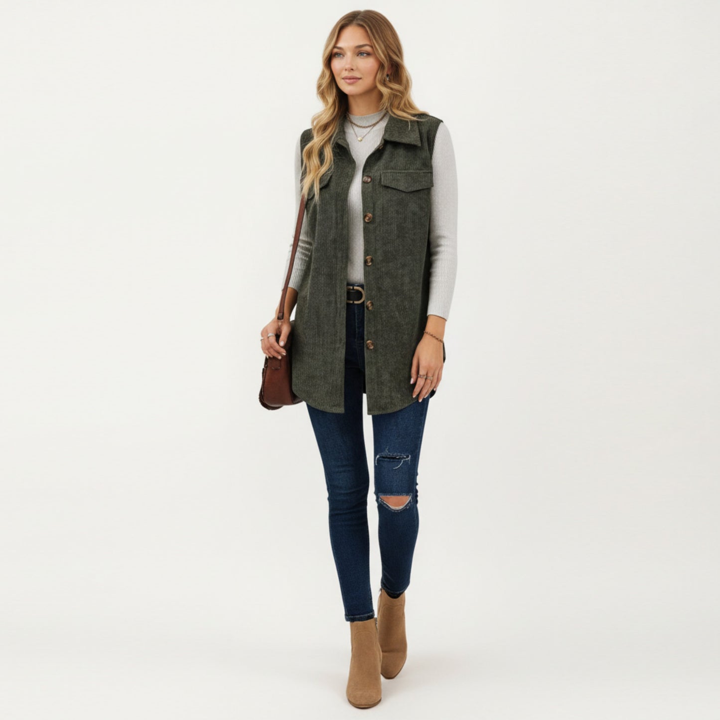 Textured Button Front Vest with Collared Neckline, Chest Flap Pockets, and Relaxed Longline Fit