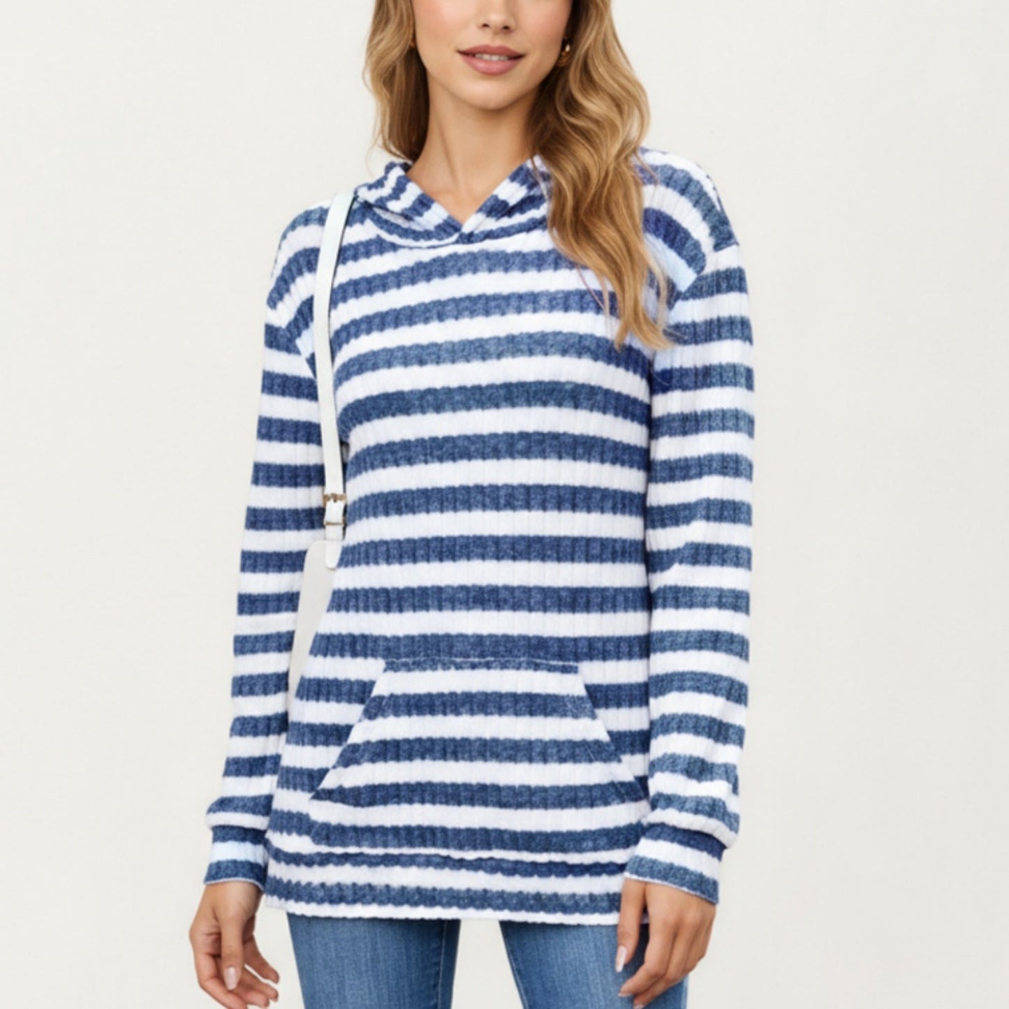 Striped Ribbed Knit Hoodie Top with Soft Textured Fabric Long Sleeves and Kangaroo Pocket Tunic-Length Design