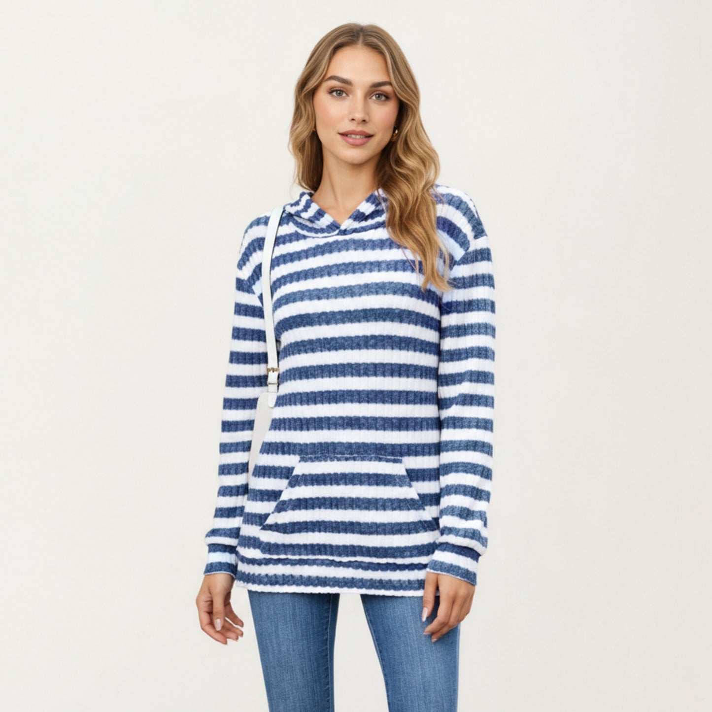 Striped Ribbed Knit Hoodie Top with Soft Textured Fabric Long Sleeves and Kangaroo Pocket Tunic-Length Design