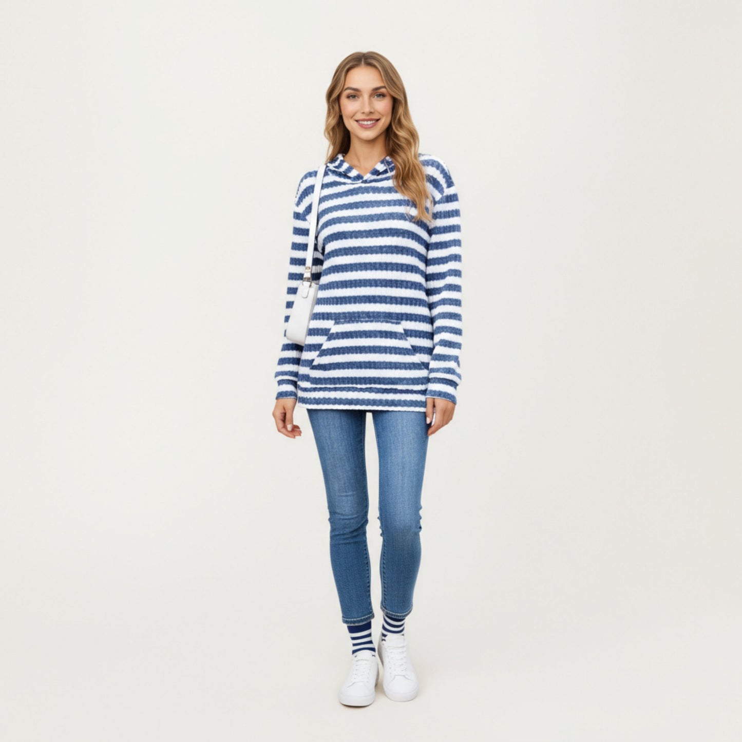 Striped Ribbed Knit Hoodie Top with Soft Textured Fabric Long Sleeves and Kangaroo Pocket Tunic-Length Design