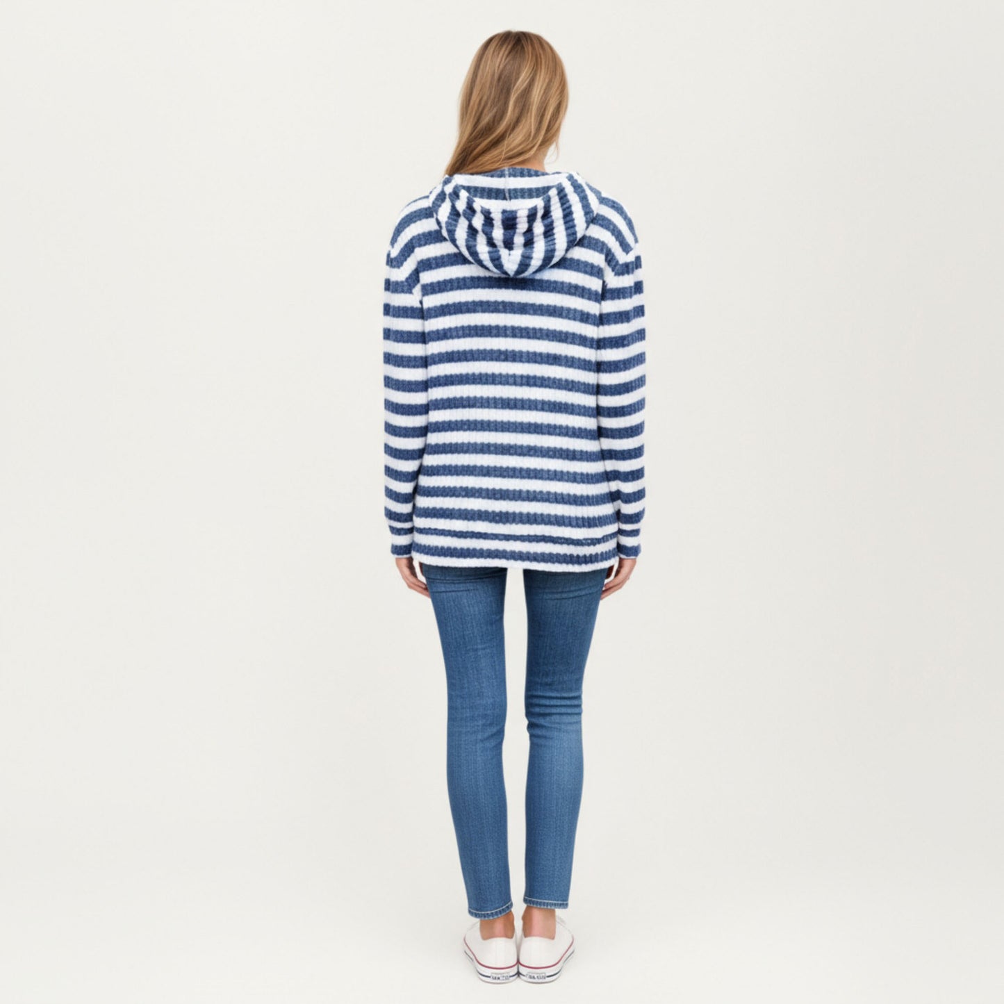 Striped Ribbed Knit Hoodie Top with Soft Textured Fabric Long Sleeves and Kangaroo Pocket Tunic-Length Design