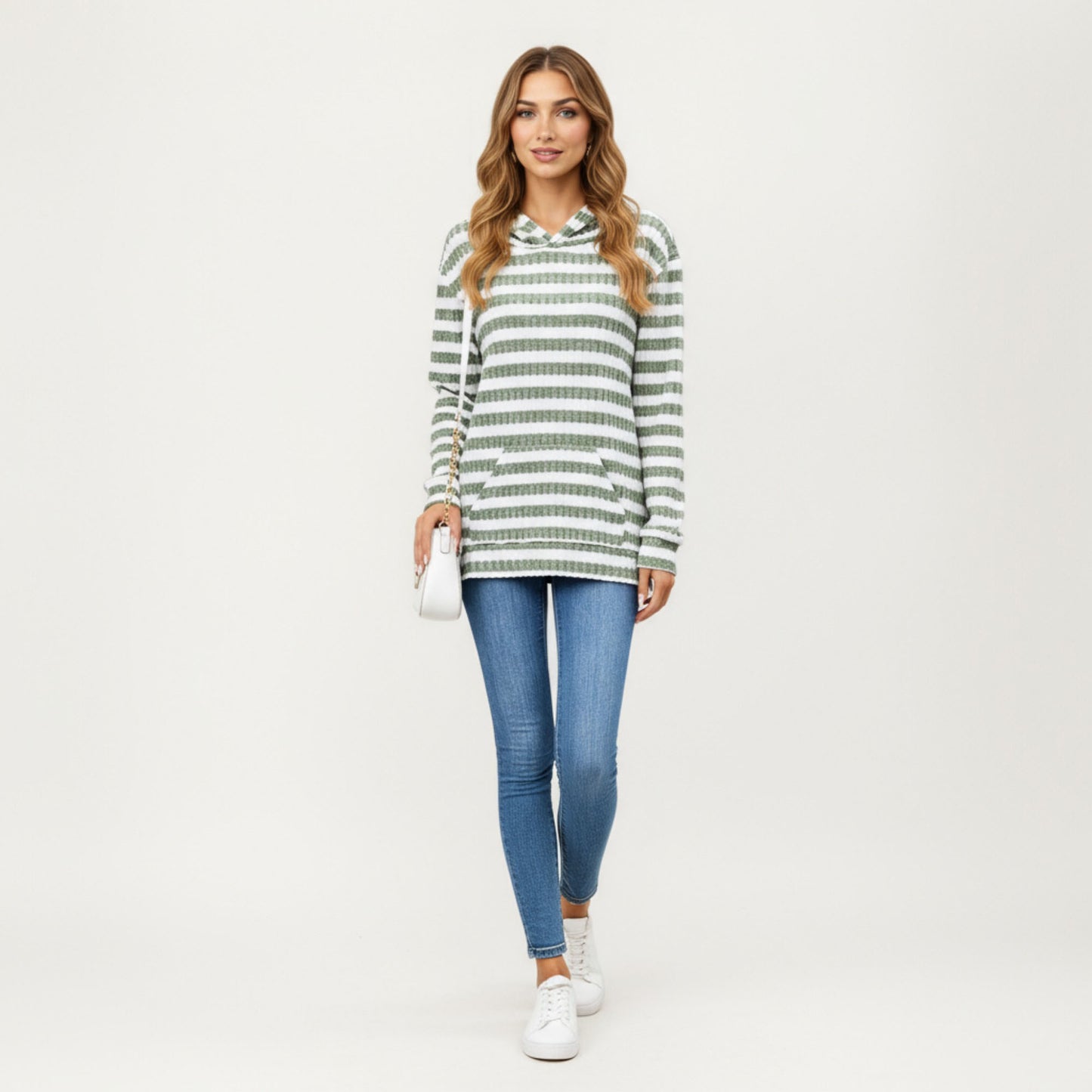 Striped Ribbed Knit Hoodie Top with Soft Textured Fabric Long Sleeves and Kangaroo Pocket Tunic-Length Design