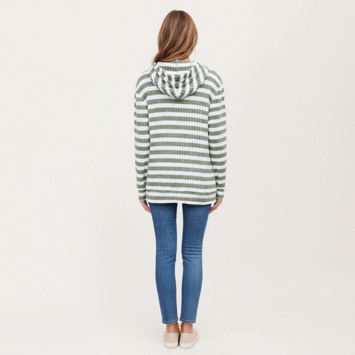 Striped Ribbed Knit Hoodie Top with Soft Textured Fabric Long Sleeves and Kangaroo Pocket Tunic-Length Design