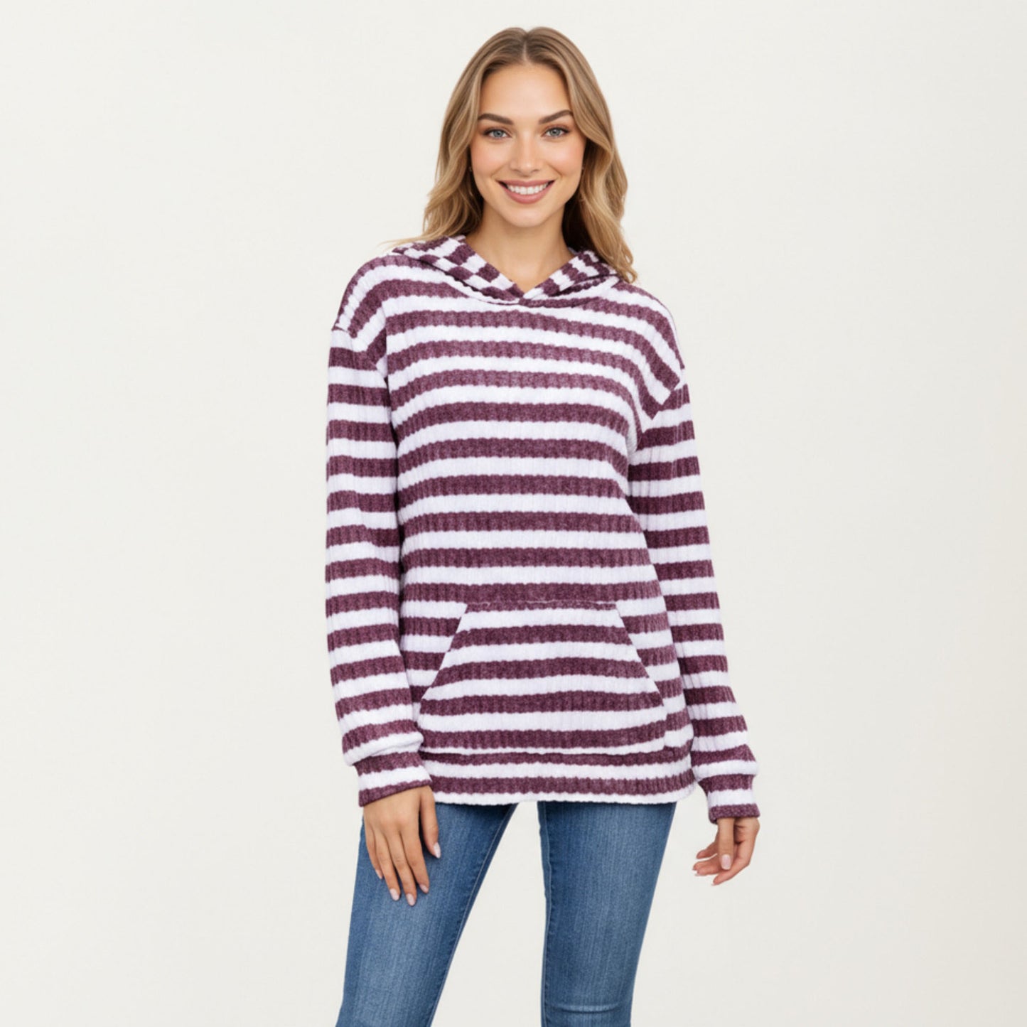 Striped Ribbed Knit Hoodie Top with Soft Textured Fabric Long Sleeves and Kangaroo Pocket Tunic-Length Design