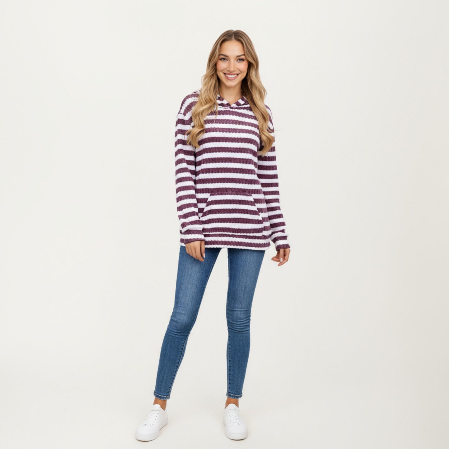 Striped Ribbed Knit Hoodie Top with Soft Textured Fabric Long Sleeves and Kangaroo Pocket Tunic-Length Design