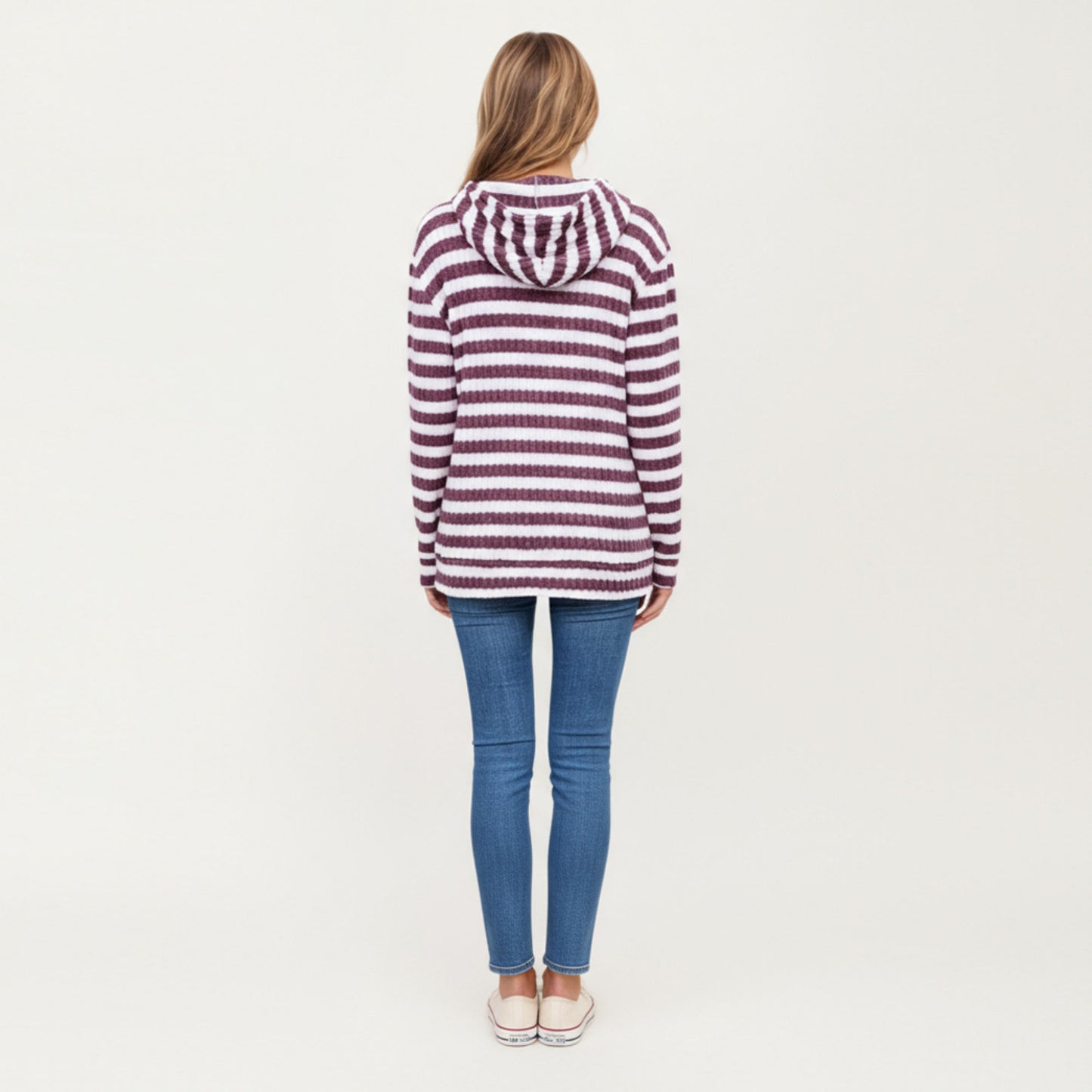 Striped Ribbed Knit Hoodie Top with Soft Textured Fabric Long Sleeves and Kangaroo Pocket Tunic-Length Design