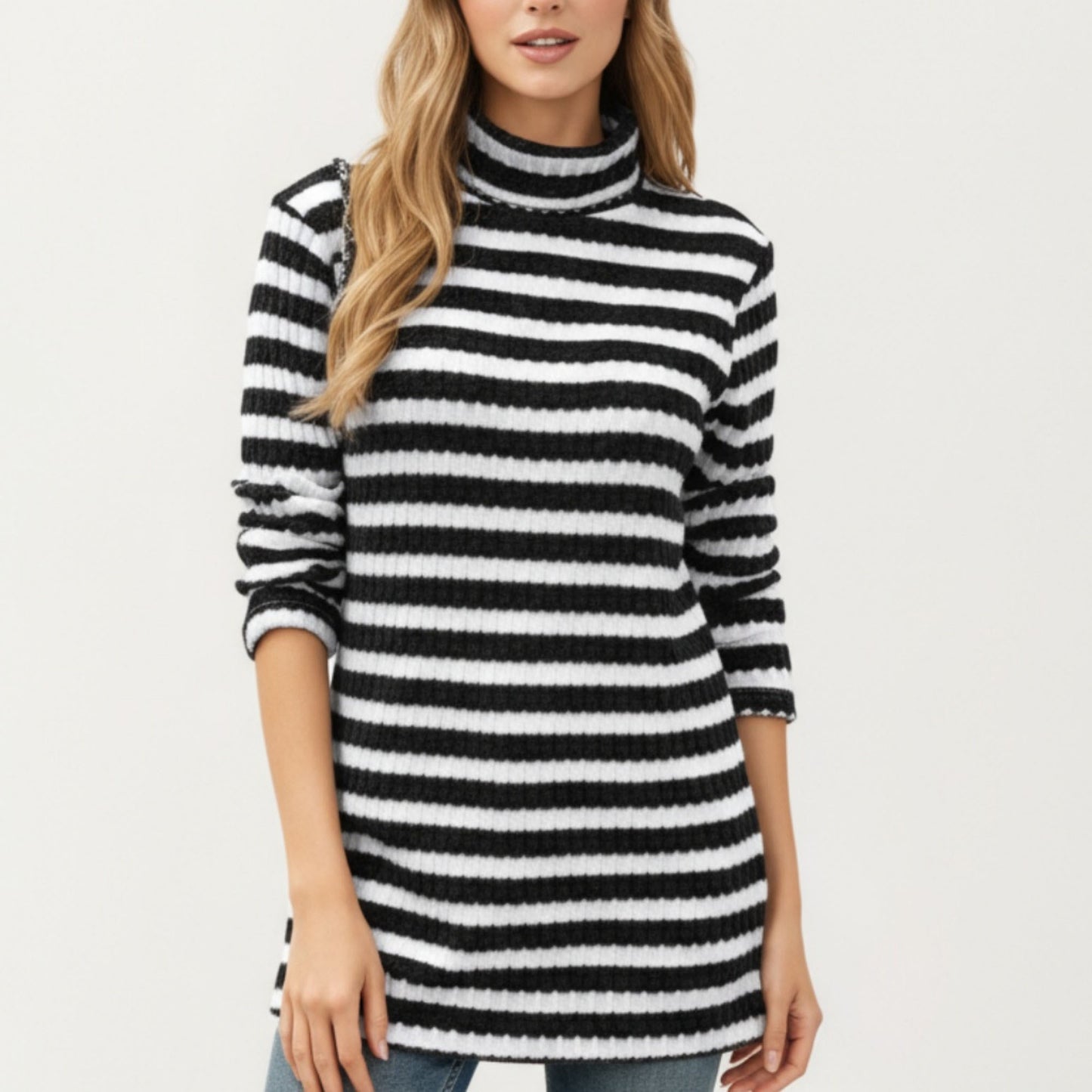 Ribbed Turtleneck Pullover Top with Soft Textured Striped Knit Long Sleeves and Relaxed Tunic-Length Silhouette