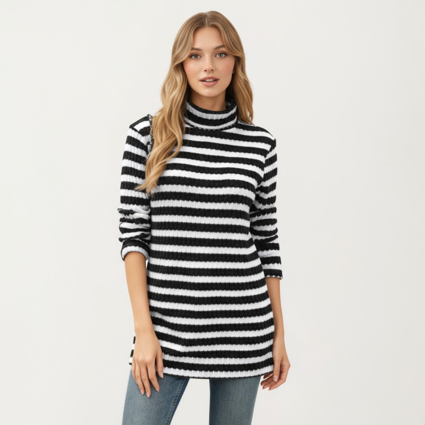 Ribbed Turtleneck Pullover Top with Soft Textured Striped Knit Long Sleeves and Relaxed Tunic-Length Silhouette