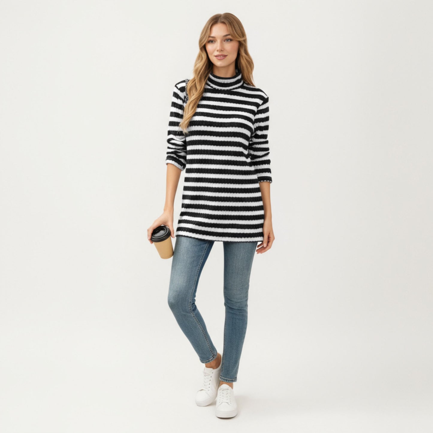 Ribbed Turtleneck Pullover Top with Soft Textured Striped Knit Long Sleeves and Relaxed Tunic-Length Silhouette