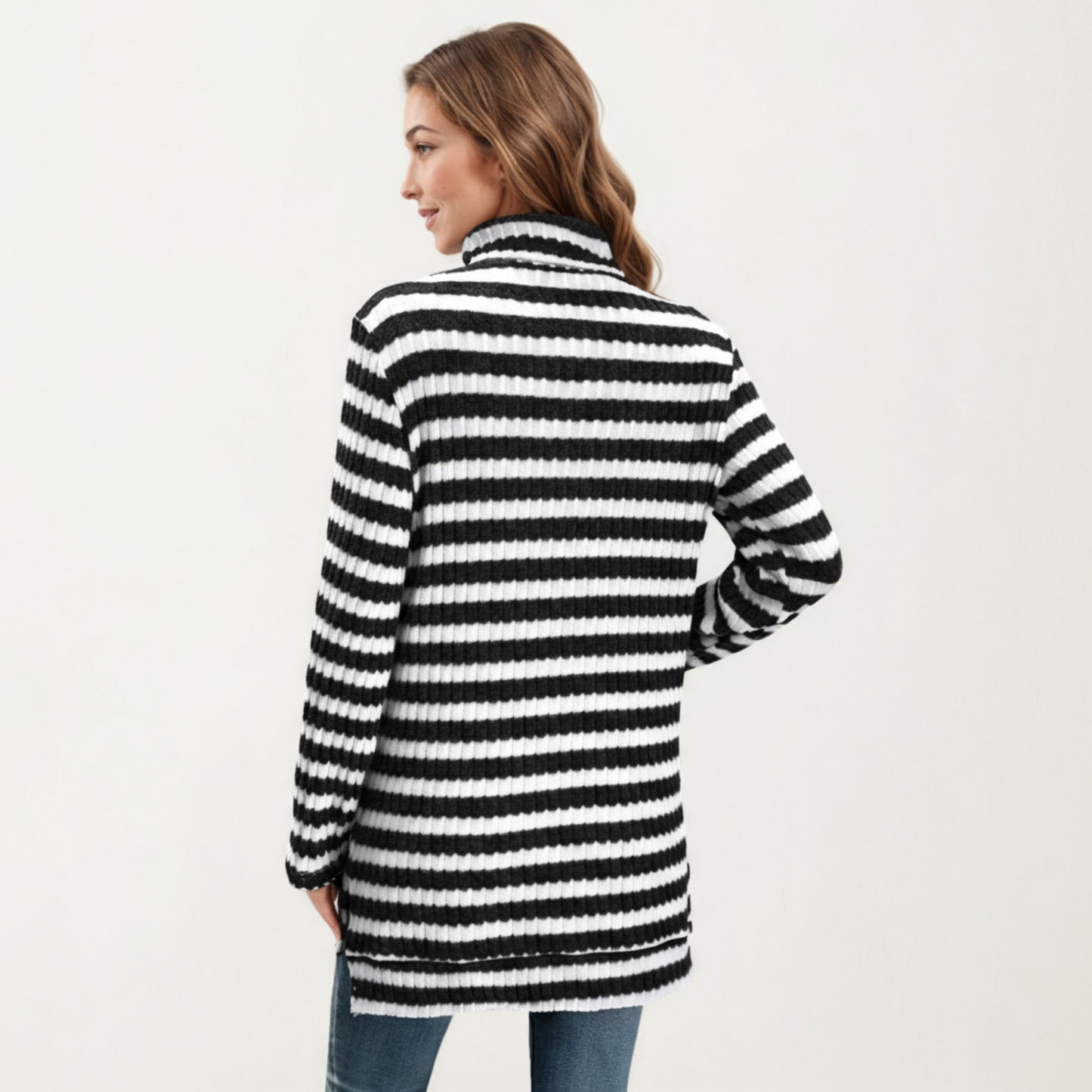 Ribbed Turtleneck Pullover Top with Soft Textured Striped Knit Long Sleeves and Relaxed Tunic-Length Silhouette