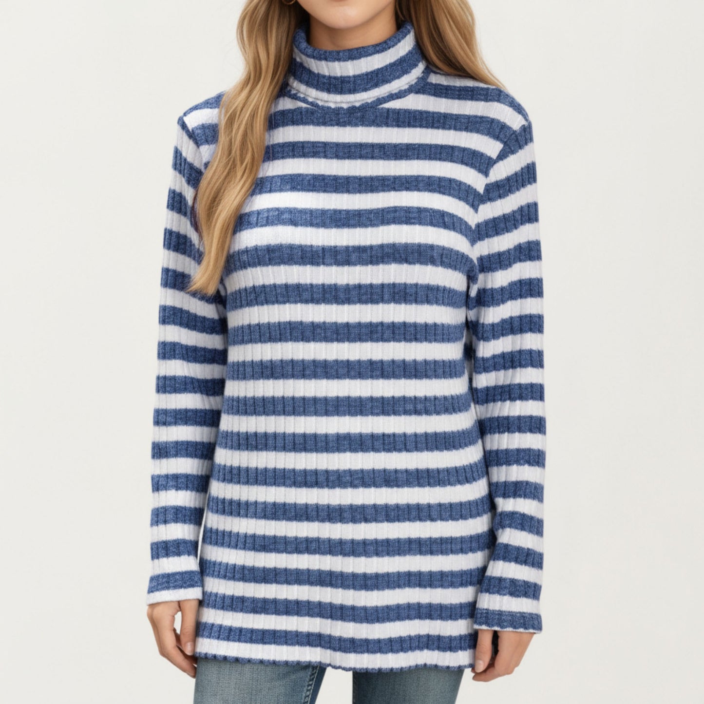 Ribbed Turtleneck Pullover Top with Soft Textured Striped Knit Long Sleeves and Relaxed Tunic-Length Silhouette