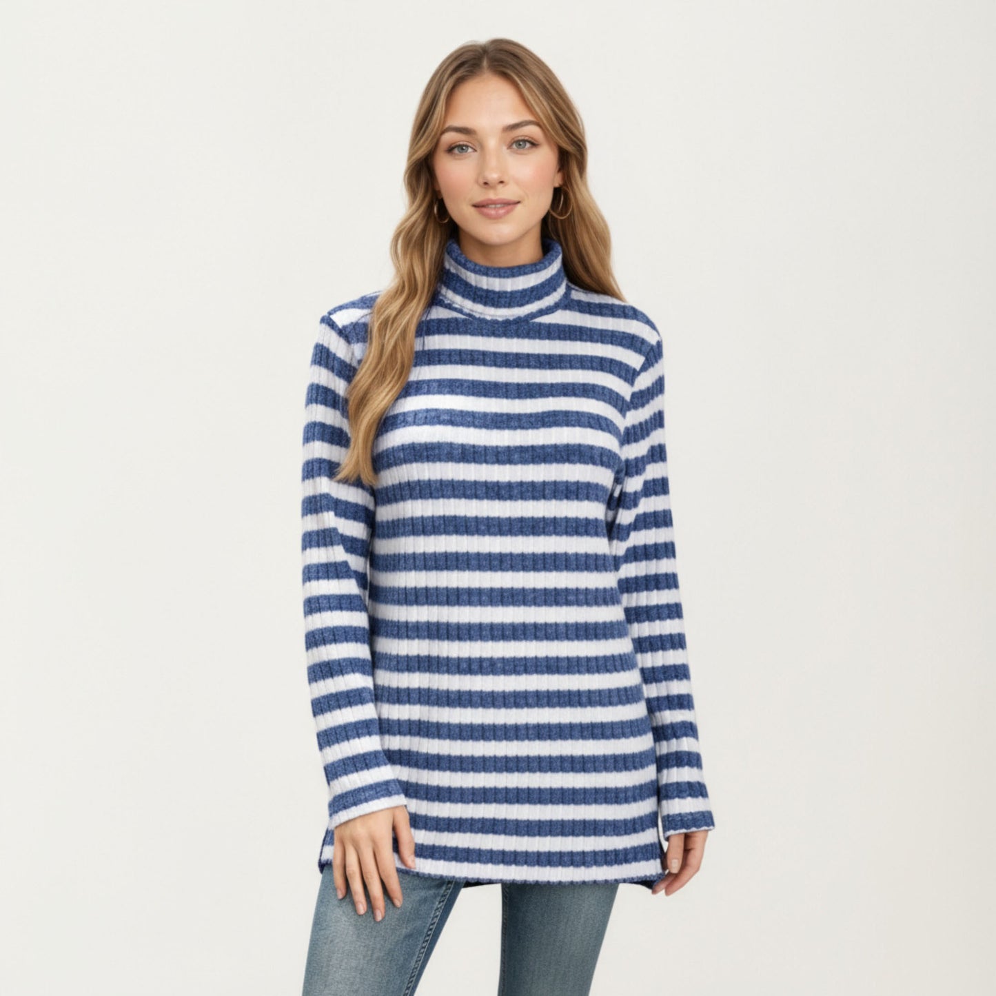 Ribbed Turtleneck Pullover Top with Soft Textured Striped Knit Long Sleeves and Relaxed Tunic-Length Silhouette