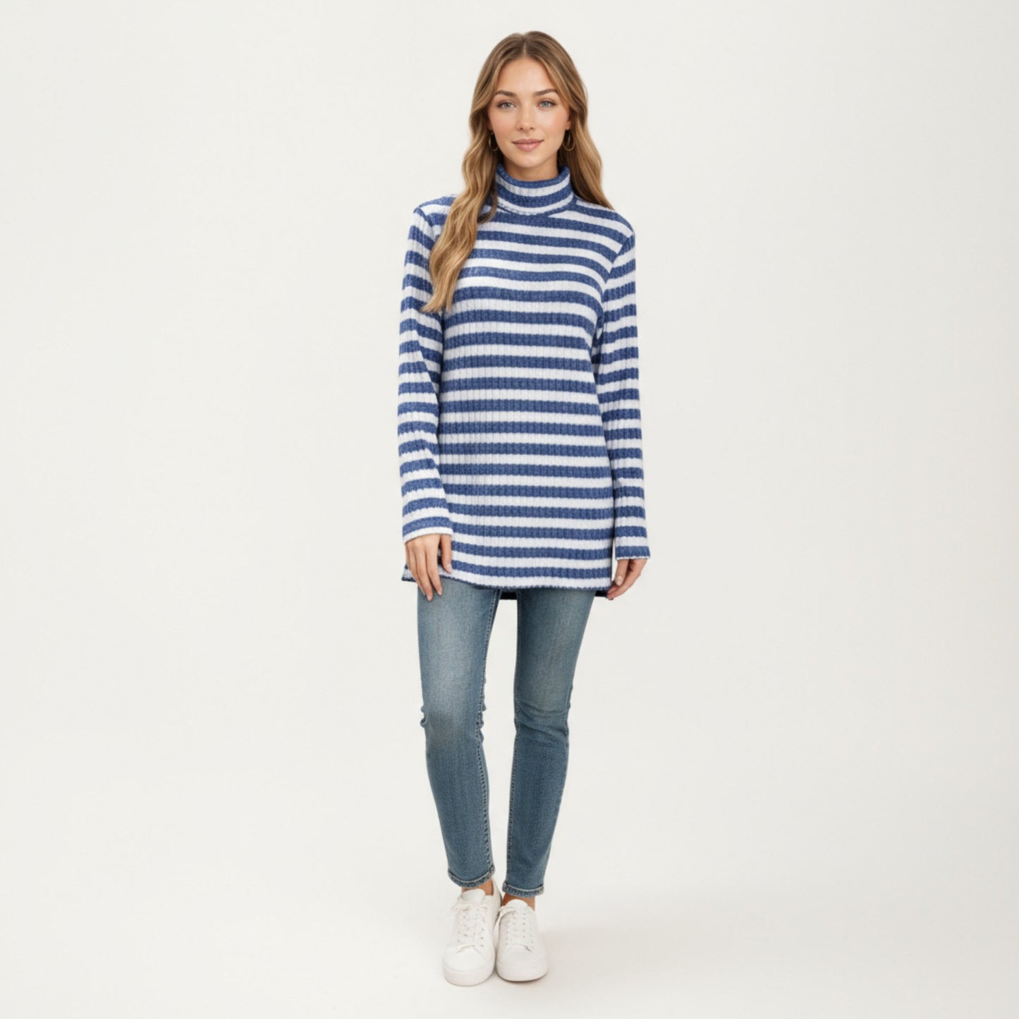 Ribbed Turtleneck Pullover Top with Soft Textured Striped Knit Long Sleeves and Relaxed Tunic-Length Silhouette