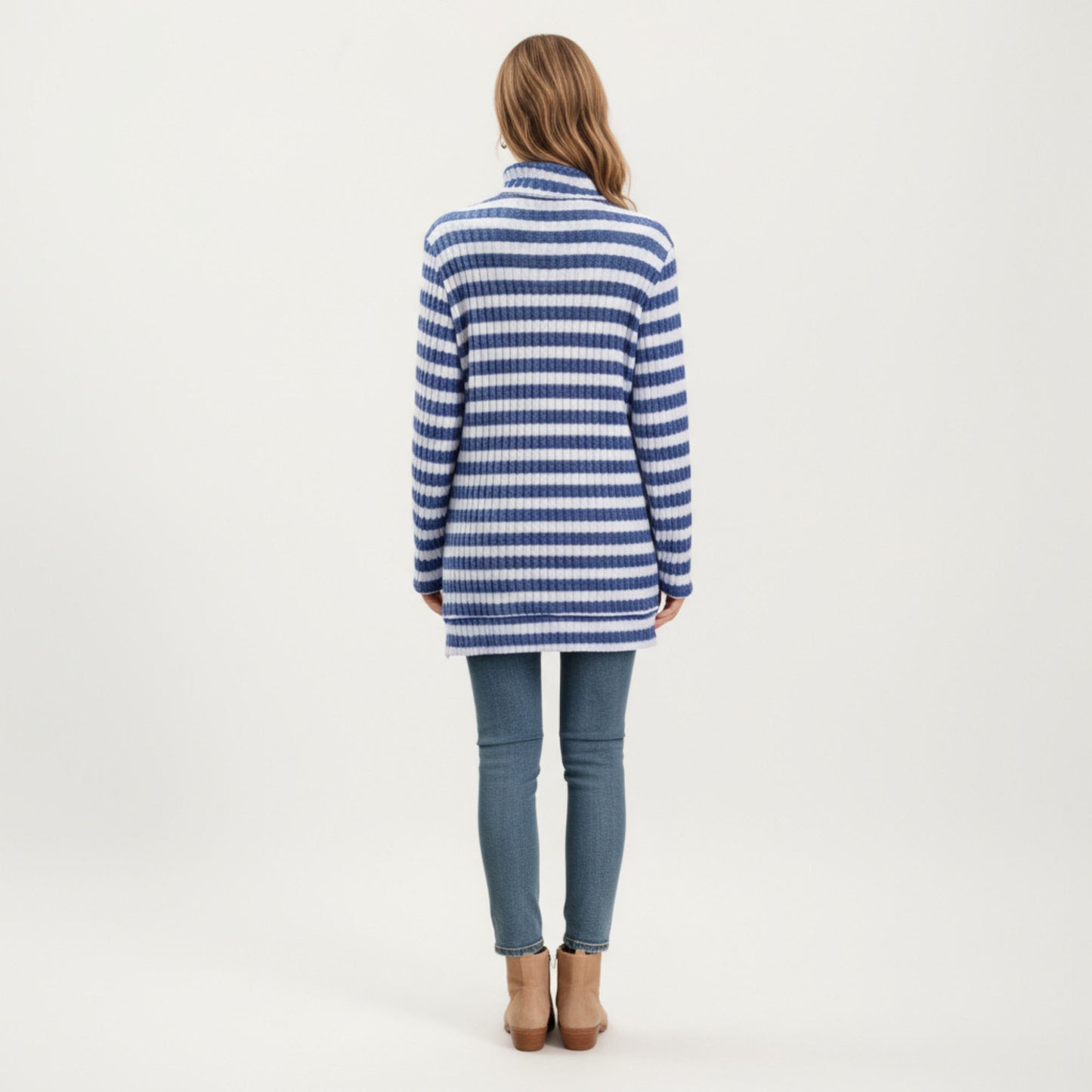Ribbed Turtleneck Pullover Top with Soft Textured Striped Knit Long Sleeves and Relaxed Tunic-Length Silhouette