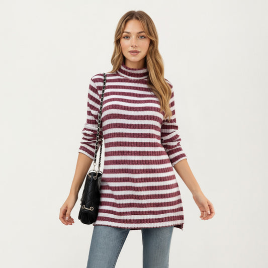 Ribbed Turtleneck Pullover Top with Soft Textured Striped Knit Long Sleeves and Relaxed Tunic-Length Silhouette
