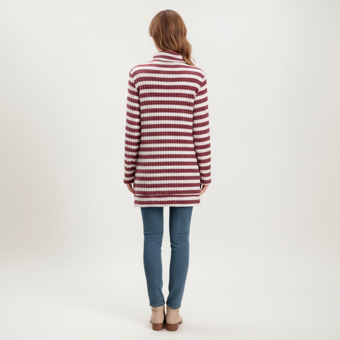 Ribbed Turtleneck Pullover Top with Soft Textured Striped Knit Long Sleeves and Relaxed Tunic-Length Silhouette