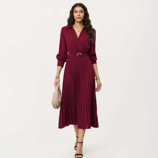 Long Sleeve Dress with Pleated Skirt Structured Wrap Front Collar Detail and Belted Waist for a Smooth Flattering Shape