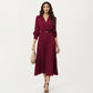 Long Sleeve Dress with Pleated Skirt Structured Wrap Front Collar Detail and Belted Waist for a Smooth Flattering Shape