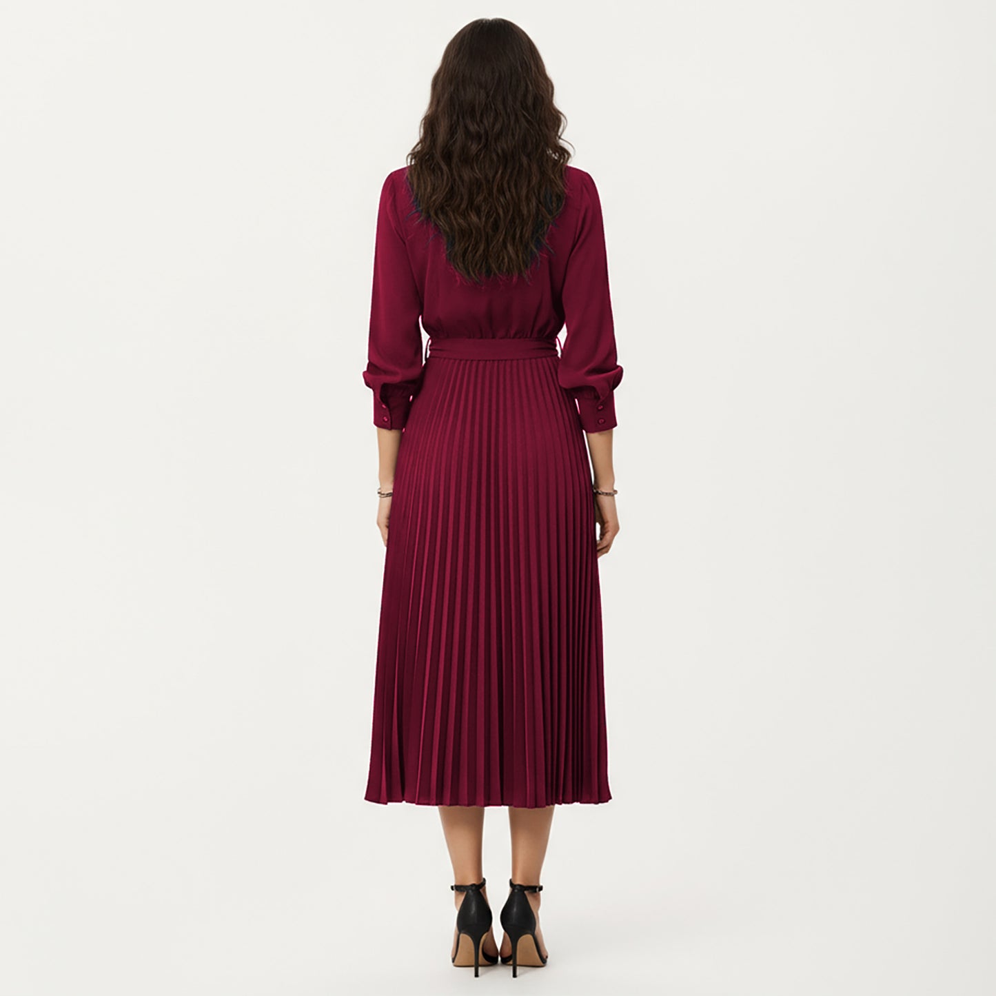 Long Sleeve Dress with Pleated Skirt Structured Wrap Front Collar Detail and Belted Waist for a Smooth Flattering Shape
