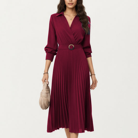 Long Sleeve Dress with Pleated Skirt Structured Wrap Front Collar Detail and Belted Waist for a Smooth Flattering Shape