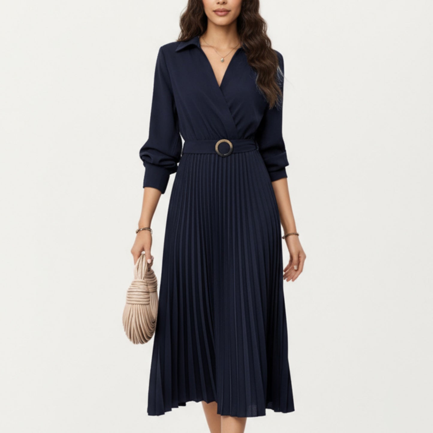 Long Sleeve Dress with Pleated Skirt Structured Wrap Front Collar Detail and Belted Waist for a Smooth Flattering Shape