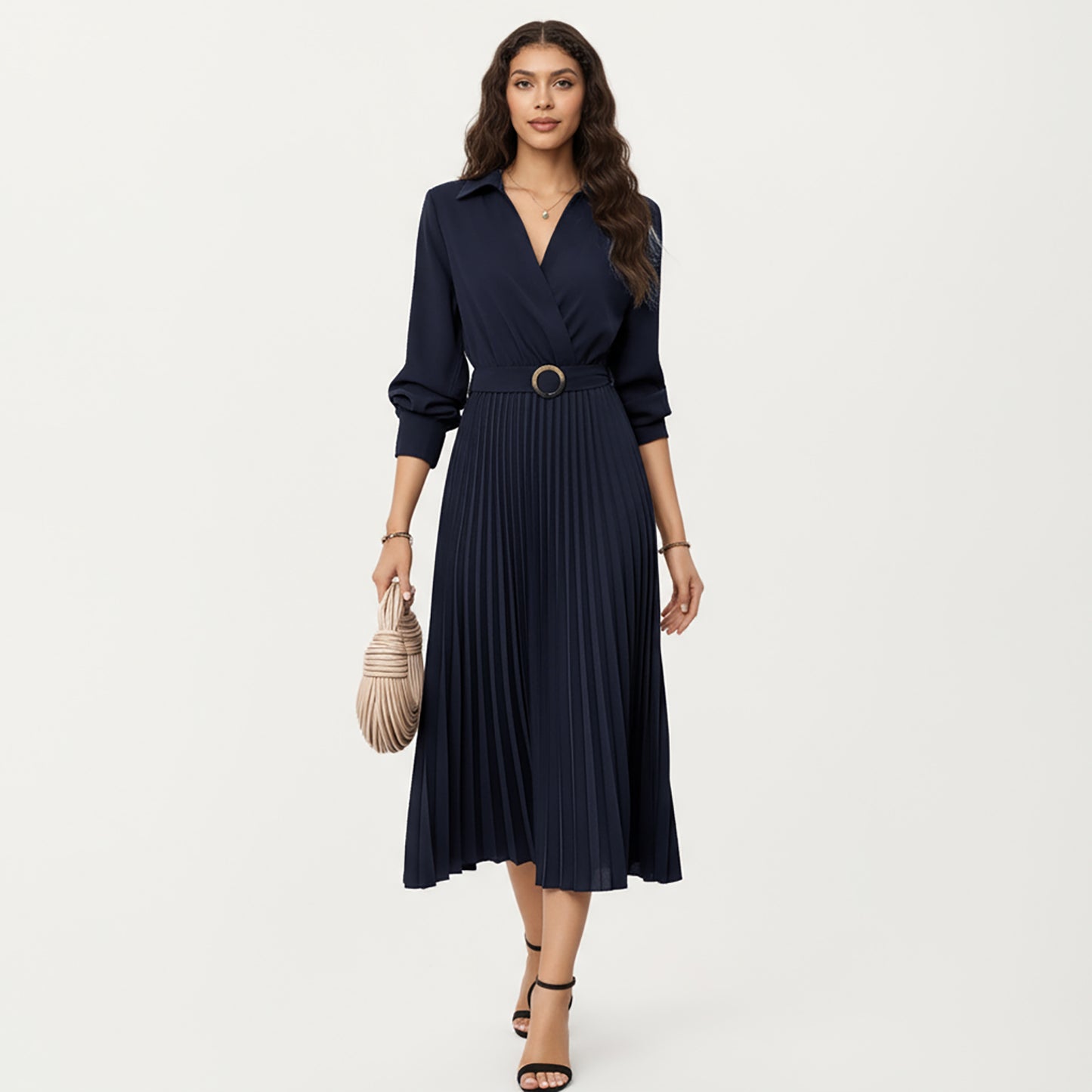 Long Sleeve Dress with Pleated Skirt Structured Wrap Front Collar Detail and Belted Waist for a Smooth Flattering Shape