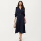 Long Sleeve Dress with Pleated Skirt Structured Wrap Front Collar Detail and Belted Waist for a Smooth Flattering Shape