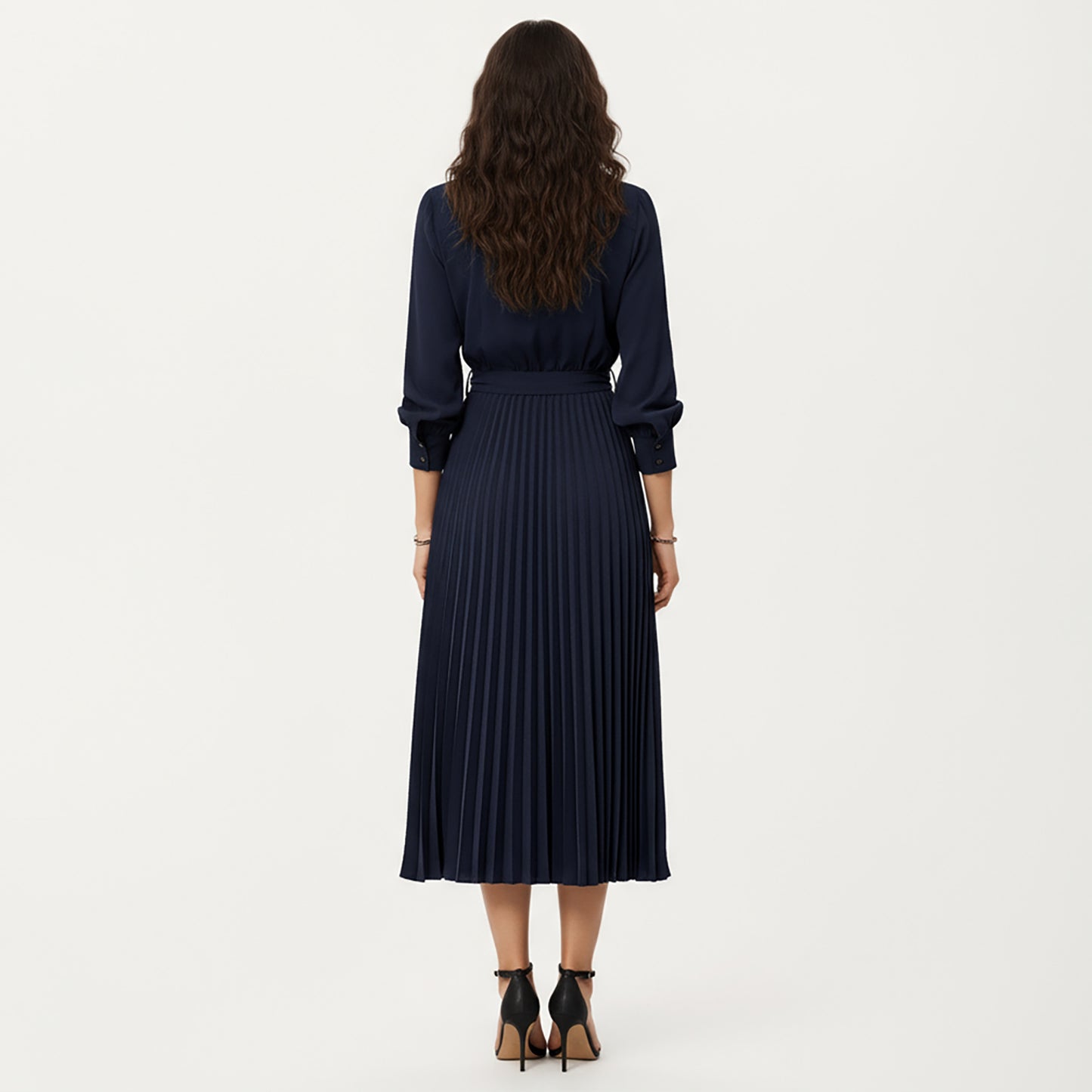 Long Sleeve Dress with Pleated Skirt Structured Wrap Front Collar Detail and Belted Waist for a Smooth Flattering Shape
