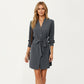 Long Sleeve Button Front Dress with Soft Drape Tie Waist Detail and Smooth Structured Collarless Neckline Finish