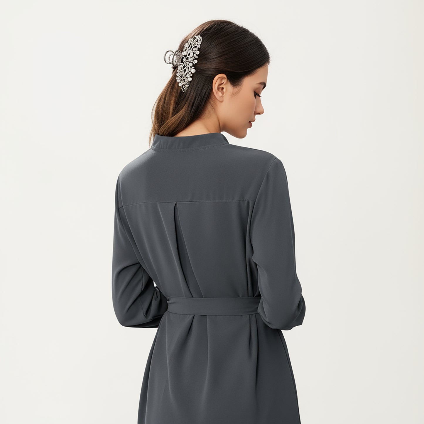 Long Sleeve Button Front Dress with Soft Drape Tie Waist Detail and Smooth Structured Collarless Neckline Finish