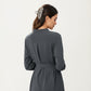 Long Sleeve Button Front Dress with Soft Drape Tie Waist Detail and Smooth Structured Collarless Neckline Finish